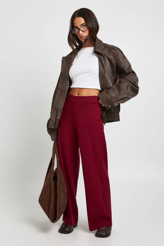 Petite Wide Leg Rib Knit Trouser