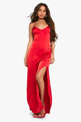 Satin Plunge Front Split Leg Maxi Dress