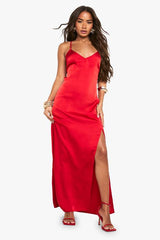 Satin Plunge Front Split Leg Maxi Dress
