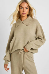 Chunky Knit Collar Detail Oversized Knitted Jumper and Wide Leg Trouser Co-Ord