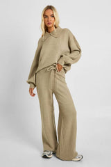 Chunky Knit Collar Detail Oversized Knitted Jumper and Wide Leg Trouser Co-Ord
