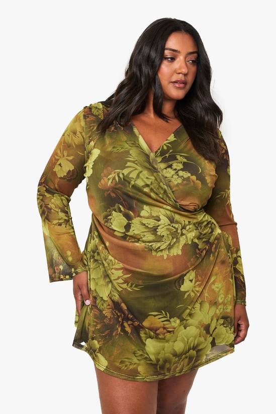 plus floral mesh wrap mini dress