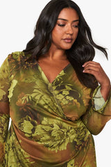plus floral mesh wrap mini dress