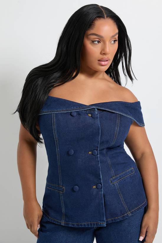 Plus Bardot Button Down Denim Top