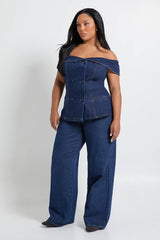 Plus Bardot Button Down Denim Top