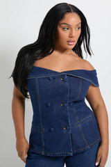Plus Bardot Button Down Denim Top