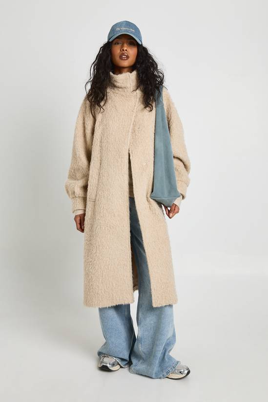 Funnel Neck Textured Wool Look Coat