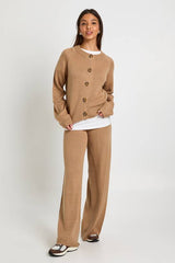 Crew Neck Knitted Chunky Cardigan and Wide Leg Trouser Co-Ord