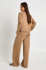 Crew Neck Knitted Chunky Cardigan and Wide Leg Trouser Co-Ord