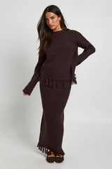 Petite Tassel Hem Detail Oversized Jumper and Knitted Skirt Co-Ord