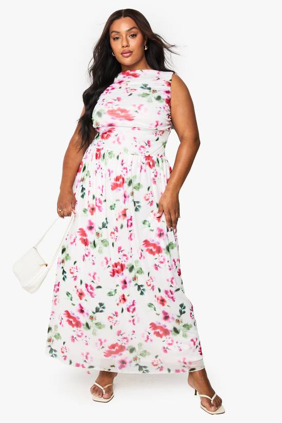Plus Floral Mesh Ruched Drop Hem Maxi Dress
