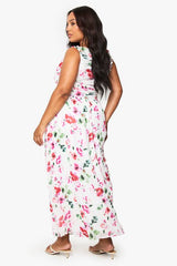 Plus Floral Mesh Ruched Drop Hem Maxi Dress