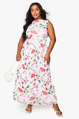 Plus Floral Mesh Ruched Drop Hem Maxi Dress
