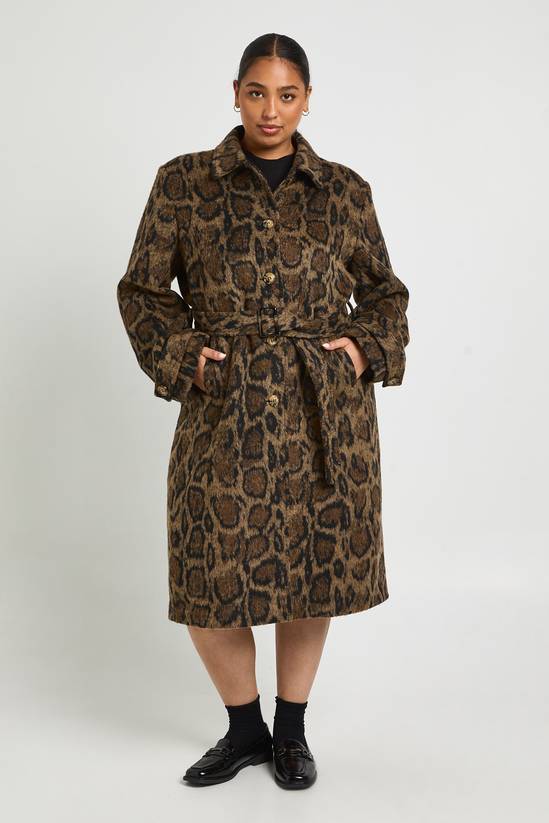 Plus Leopard Print Wool Look Coat