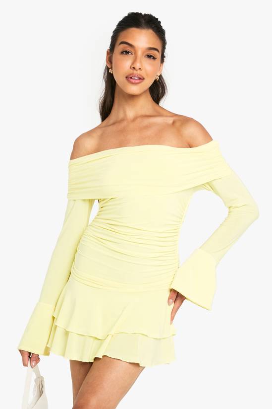 Slinky Bardot Ruffle Hem Mini Dress