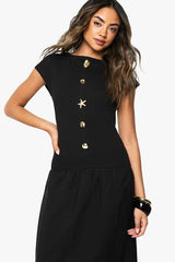 Gold Trim Rib Poplin Mix Midaxi Dress