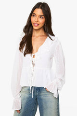 Dobby Mesh Tie Ruffle Blouse