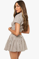Check Print Drawstring Pleated Mini Skirt