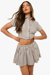 Check Print Drawstring Pleated Mini Skirt