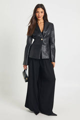 Faux Leather Cinched Waist Blazer