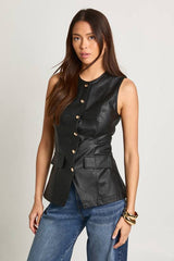 Faux Leather Gold Button Waistcoat