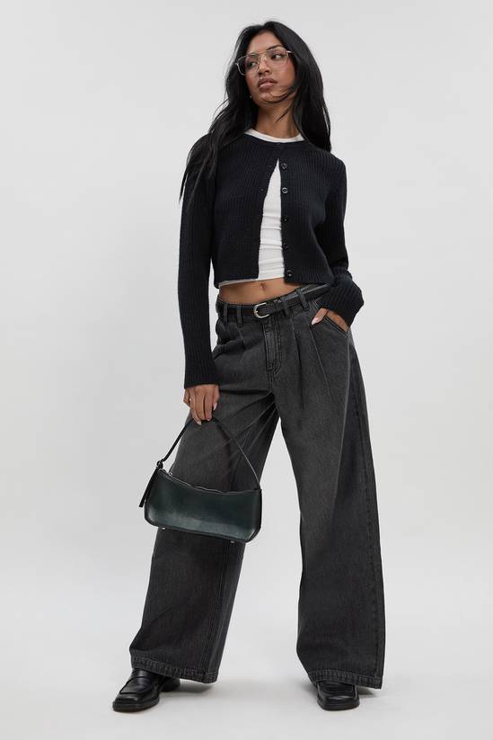High Waist Supersoft Belted Pleated Wide Leg Jeans