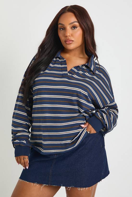 Plus Striped Heavy Cotton Button Detail Collared Rugby Top