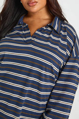 Plus Striped Heavy Cotton Button Detail Collared Rugby Top