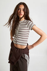 Stripe Rib Button Through Short Sleeve Top