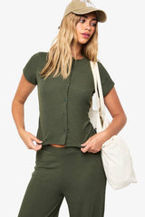 Crinkle Rib Button Through Cap Sleeve Top and Trouser Set