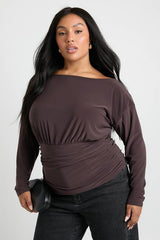 Plus Gathered Panel Long Angel Sleeve Blouson Top