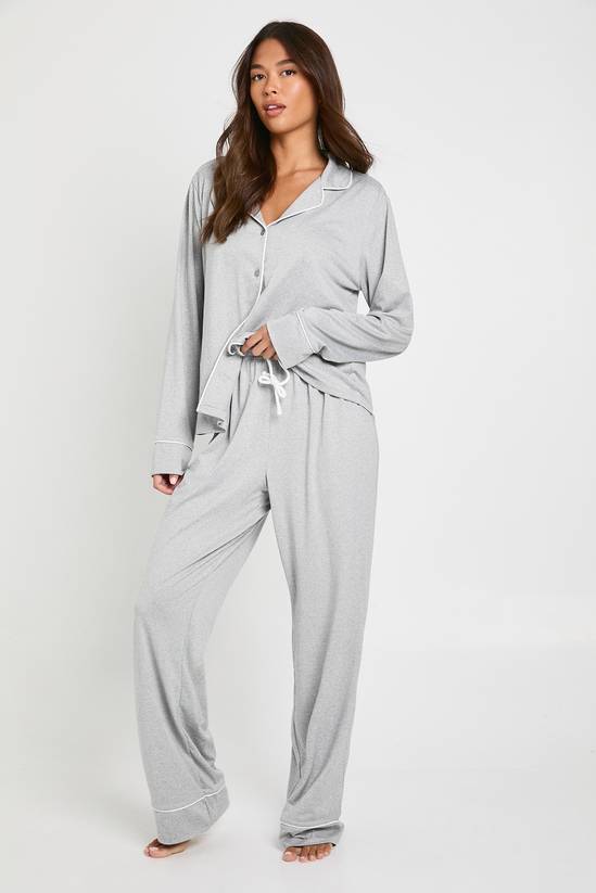 Jersey Piping Detail Long Sleeve Shirt & Trousers Pyjama Set
