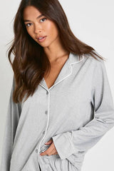 Jersey Piping Detail Long Sleeve Shirt & Trousers Pyjama Set
