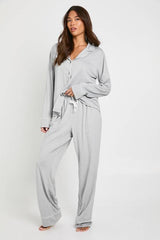 Jersey Piping Detail Long Sleeve Shirt & Trousers Pyjama Set