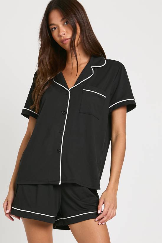 Jersey Piping Detail Short Sleeve Shirt & Shorts Pyjama Set