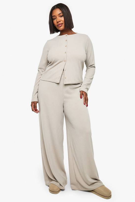 Plus Rib Button Cardigan Sleeve Top and Trouser Co-Ord