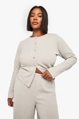 Plus Rib Button Cardigan Sleeve Top and Trouser Co-Ord