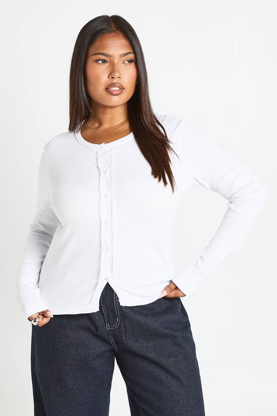 Plus Rib Lace Trim Detail Button Through Long Sleeve Top