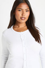 Plus Rib Lace Trim Detail Button Through Long Sleeve Top