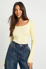 Basic Rib Scoop Neck Fitted Long Sleeve Top