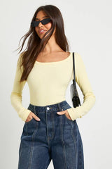Basic Rib Scoop Neck Fitted Long Sleeve Top