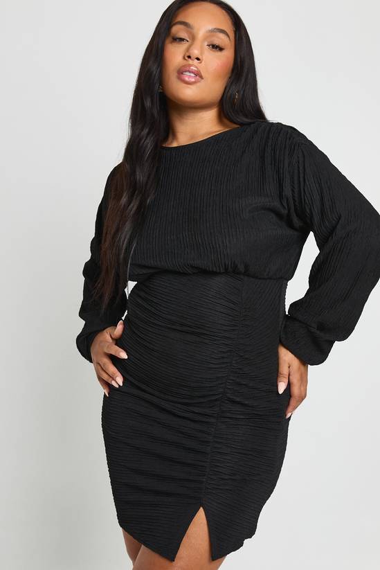 Plus Crinkle Textured Ruched Long Sleeve Mini Dress