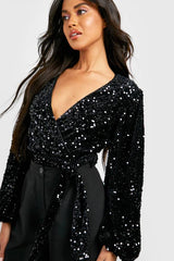 Volume Sleeve Velvet Sequin Bodysuit