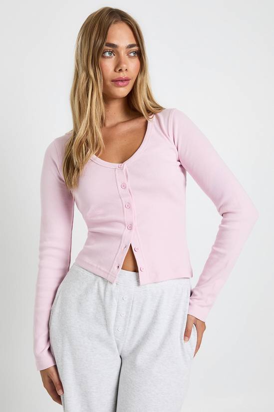 Ribbed Button Through V Neck Long Sleeve Top