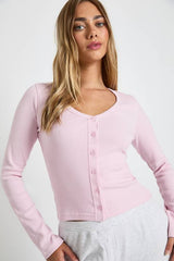 Ribbed Button Through V Neck Long Sleeve Top