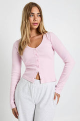 Ribbed Button Through V Neck Long Sleeve Top