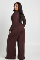 Plus Long Sleeve Deep V Neck Wrap Top And Wide Leg Trouser