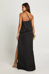 Satin Blouson Asymmetric Maxi Dress