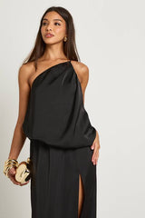 Satin Blouson Asymmetric Maxi Dress