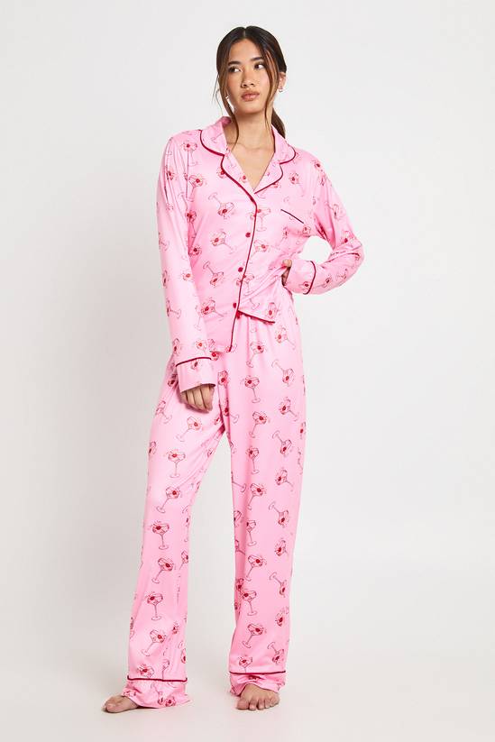 Cocktail Print Long Sleeve Shirt & Trouser 3 Piece Pyjama Set